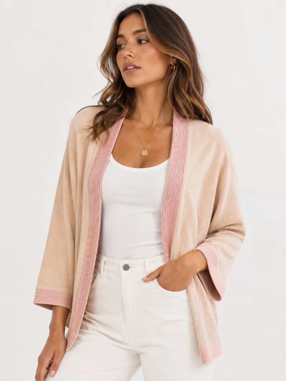 41 HAWTHORN Tan Striped Open Cardigan Sweater Large